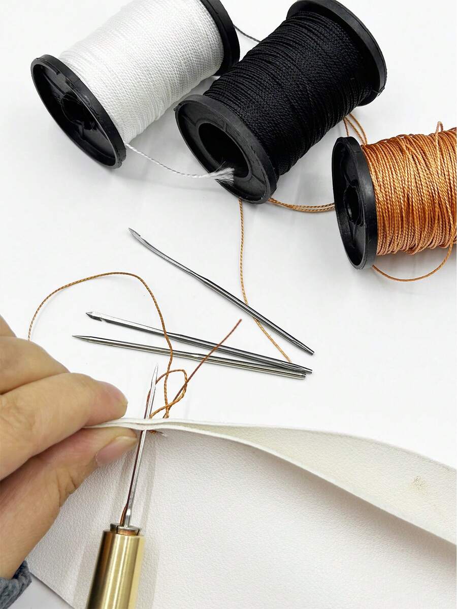 Leather Repair Tool Set, Premium Copper Handle With 4 Replaceable Needles, Includes White, Black, Brown Strong Sewing Thread, Suitable For Shoe Repair, Bag Restoration, Leather Stitching, Soft Furnishing Reinforcement, Leather Craft DIY Handmade Sewing Tool - Shoe Repair Awl Set - View 1