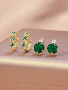 2 Pairs Elegant Fashion Versatile Shiny Green Cubic Zirconia Heart, Star, Cross, Butterfly Earrings, Suitable For Work And Daily Wear, Minimalist Yet Luxurious Gold Jewelry - Gold - View 13