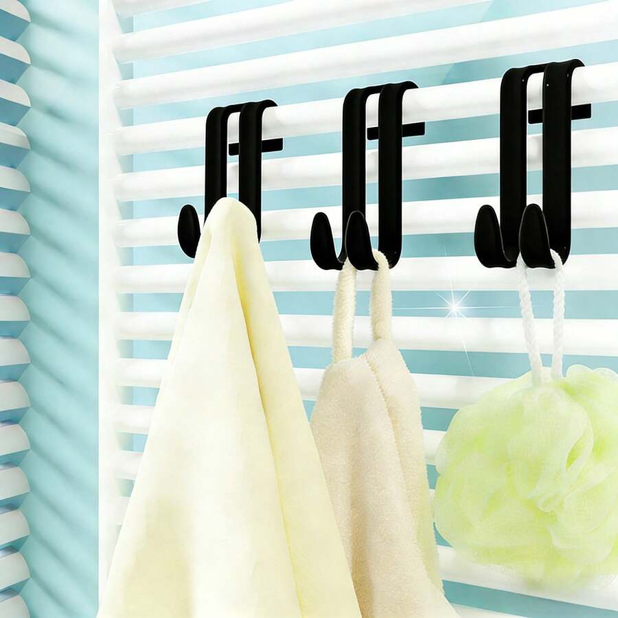 1/3pcs Towel Rack Hooks, Radiator Mounted Hanger Clips, No Drilling Strap Hooks For Hanging Towels & Clothes, Multifunctional Drying Rack, Suitable For Bathroom, Kitchen, Laundry Room Storage, Space Saving Home Decor, Dorm Essential, Housewarming Gift, Spring Home & Back To School Necessity - Black - View 1
