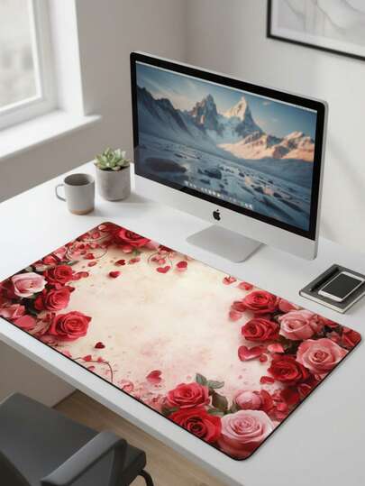 Large Size Waterproof Non-Slip Smooth Cloth Surface Mouse Pad With Vintage Rose And Heart Border Pattern, Also Suitable As Keyboard Pad, Desk Mat Or Book Stand For Gamers, Office And Dorm Use, Compatible With Mouse And Trackball, Great Gift For Gamers