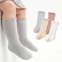 4双婴儿/幼儿过膝长袜和纯色荷叶边袜，春秋季 - 彩色 - 查看 1