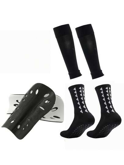 3pcs/Set Football Sports Gear, Adhesive Non-Slip Football Socks + Sports Leg Sleeves + Shin Guards, Suitable For 12-18 Years Old Boys And Girls Training, Outdoor, Durable
