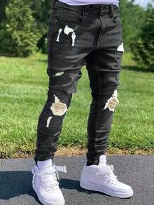 Men's Fashion Casual Ripped Washed Skinny Denim Jeans, Grunge - Black - View 2
