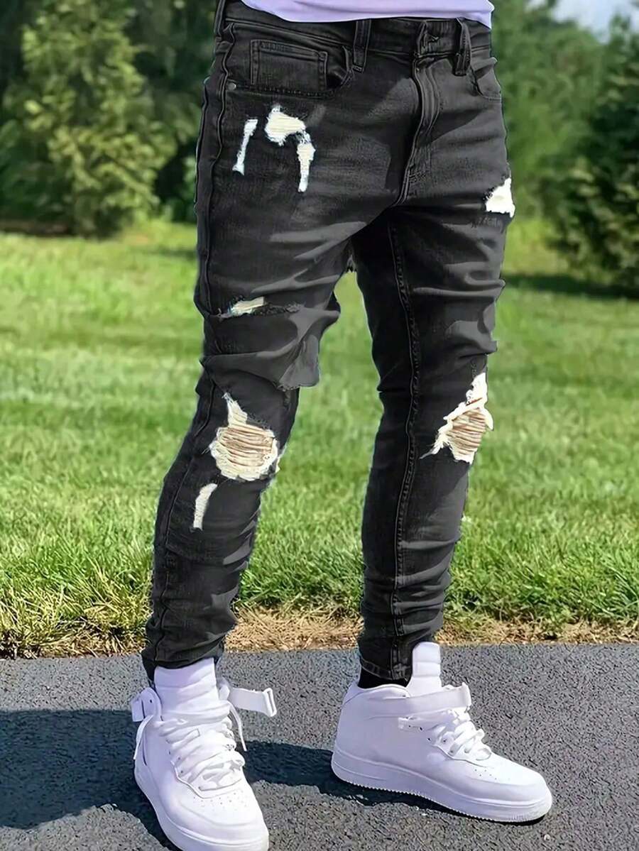 Men's Fashion Casual Ripped Washed Skinny Denim Jeans, Grunge