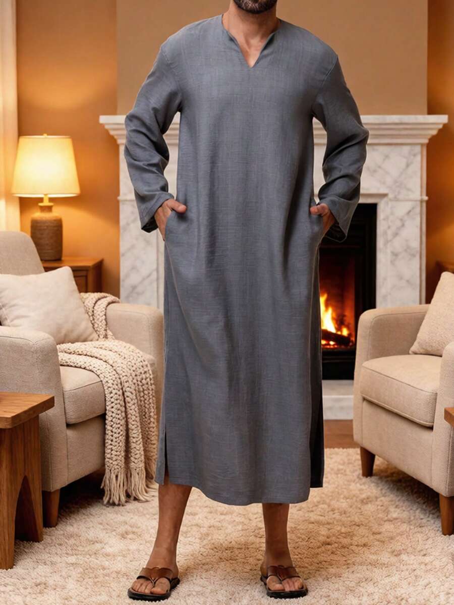 Abaya para hombres, bata casual para el hogar, bata de vacaciones, bata de estilo patio, con bolsillos a ambos lados, abertura en el bajo. Longitud adecuada, puede ser un regalo para el esposo o novio - Gris Oscuro - Ver 1