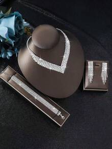 Modeschmuck-Set für Bräute, Halskette mit Strass, Ohrringe, Armband, elastischer Ring - Silber - Übersicht 6