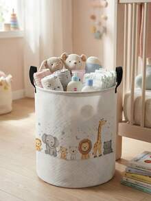 1pc Foldable Round Storage Basket With Handles, Cute Animal Pattern, Large Capacity Multi-Purpose Storage Bin For Nursery, Baby Diaper, Clothes, Toys And Accessories Organization - Multicolor - View 21