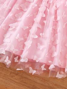 Vestido de malla con parches de mariposa para niñas en primavera/otoño, vestido casual de princesa con cuello redondo, manga larga, decoración de moño y empalme de malla, adecuado para niñas de 4 a 7 años para uso diario, al aire libre, calle y fiestas - Rosa - Ver 6