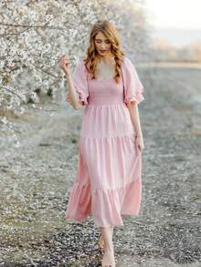 Mommy And Me Family Matching Outfits Mother Daughter Matching Dresses Summer Ruffled Hem Puff Half Sleeve Square Neck Smocked Back Off Shoulder Loose Long Maxi Dress Summer Holiday Beachwear - 粉色 - 查看 10