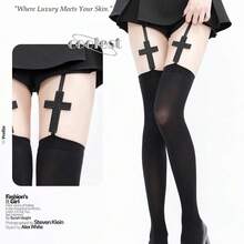 1pc Y2K Punk Style Cross Design Suspender Stockings, Sexy Black Thigh High Gothic Socks For Slim Millenial Gal, Cozy - 彩色 - 查看 1