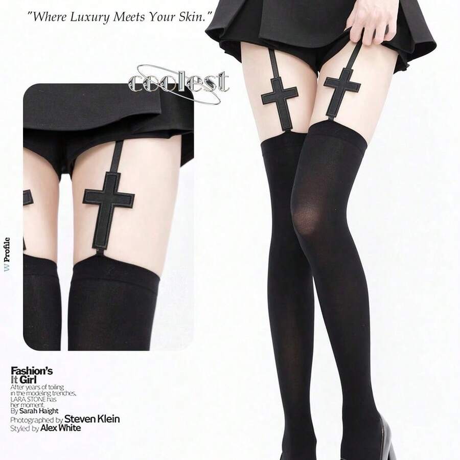 1pc Y2K Punk Style Cross Design Suspender Stockings, Sexy Black Thigh High Gothic Socks For Slim Millenial Gal, Cozy - 彩色 - 查看 1