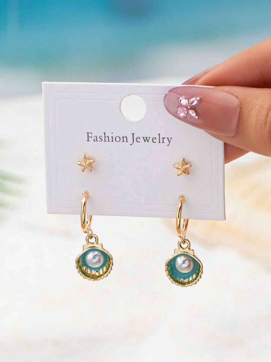 1pc Starfish & Shell Pearl Drop Earrings - Coastal Fashion Summer Jewelry - Multicolor - View 1