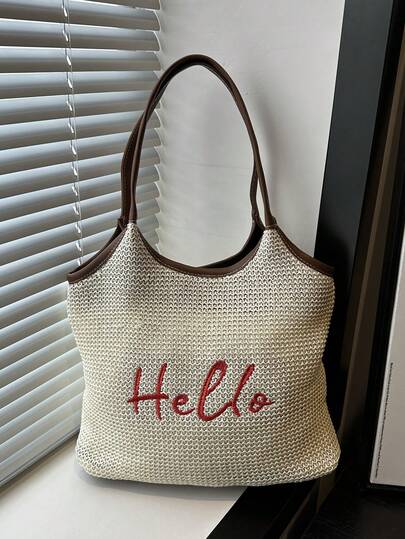 1pc White Embroidered Letter Decor Large Capacity PVC Woven Tote Bag, Women's Shoulder Beach Vacation Bag, Spring New Arrival