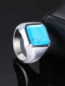 1pc Minimalist Stainless Steel Turquoise Gemstone Ring, Men's Jewelry - Multicolor - View 5