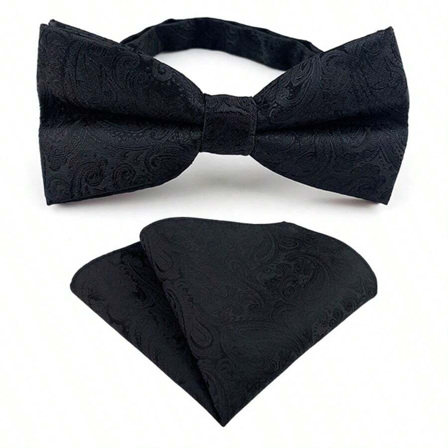 2pcs/Set Men's Formal Occasion Silk Adjustable Bow Tie, Pocket Square And Cufflinks Set - Black - View 1