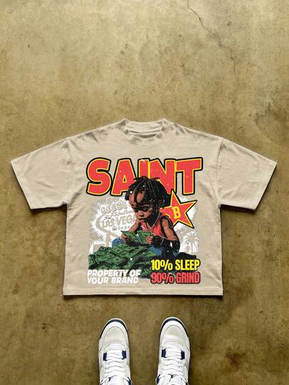 男士休闲字母图案短袖T恤，春夏款