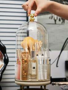 1pc 360° Creative Makeup Brush Holder With Transparent Cover, Rotating Desktop Brush Rack, Tabletop Makeup Brush Organizer, Cosmetic Storage Box With Compartments - Multicolor - View 7
