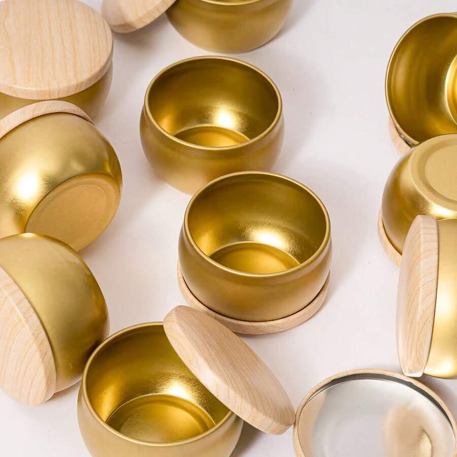 30 buah, 2 Toples Lilin Polos Emas dengan Tutup Motif Kayu - Wadah Logam Premium Cocok untuk Proyek DIY dan Penggunaan Sehari-hari