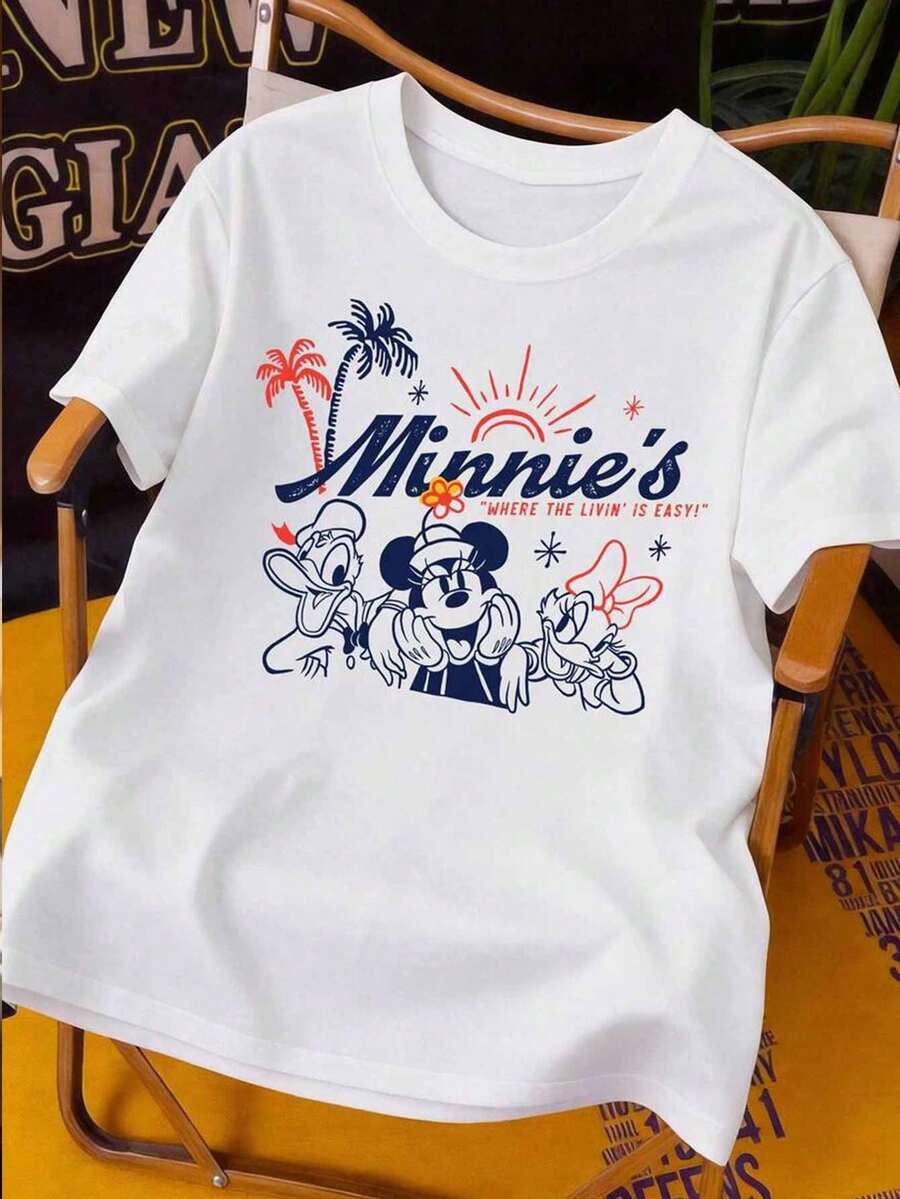 Disney Stylish Minnie Mouse And Donald Duck Pattern T-Shirts For Men And Women, Casual Beach Party T-Shirts, All-Season Pure Cotton Loose Crew Neck T-Shirts, Unisex Style, Suitable For Vacations, Outings, Parties, And Daily Commutes. - White - View 1