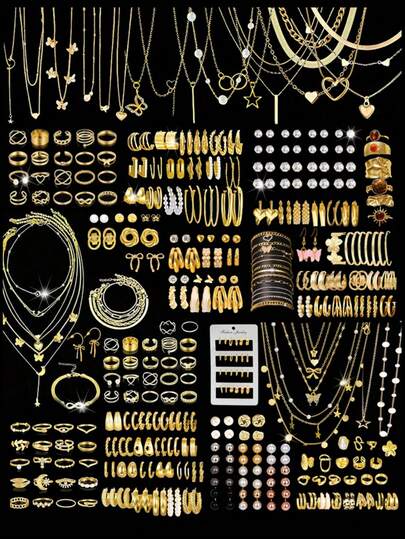 Set de joyería estilo bohemio de 86 piezas/68 piezas/58 piezas/36 piezas, que incluye aretes, collares, anillos, pulseras con diseños de corazón, retorcido, mariposa, geométrico, onda, un conjunto de accesorios versátiles para mujer de estilos aleatorios