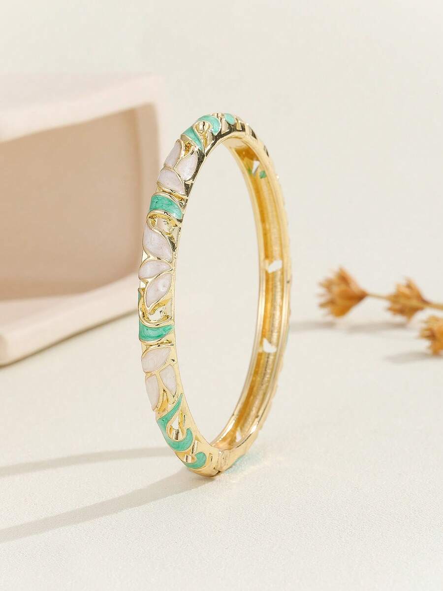1pc Pink-Gray Plated KC Gold Hollow Cloisonne Bangle Bracelet For Women - Mint Green - View 1