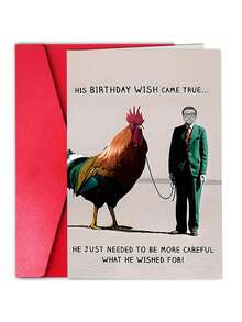 1pc Humorous Birthday Card With A Funny Design Of A Man Holding A Rooster, Suitable For Family, Friends, Classmates, And Colleagues As A Birthday Gift. "His Wish Has Come True..." Is The Perfect Gift - View 1