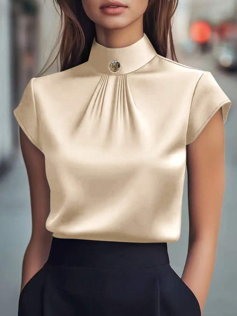 1件女士纯色缎面纽扣拉链优雅时尚短袖衬衫上衣，适合办公室、度假、日常、约会、春季、秋季、夏季穿着。 - 香檳色 - 查看 1