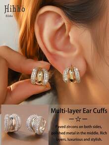 Hihho 一对多层耳环，镶嵌立方氧化锆，时尚光滑金属耳环，质感丰富，光泽亮丽，优雅女士耳环，适合日常佩戴和约会。 - 耳飾 - 查看 1