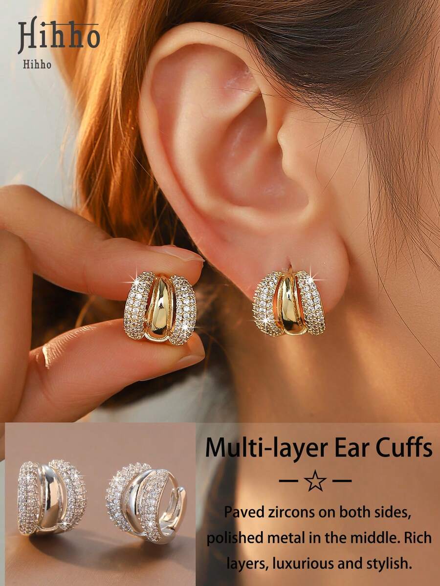 Hihho 一对多层耳环，镶嵌立方氧化锆，时尚光滑金属耳环，质感丰富，光泽亮丽，优雅女士耳环，适合日常佩戴和约会。 - 耳飾 - 查看 1