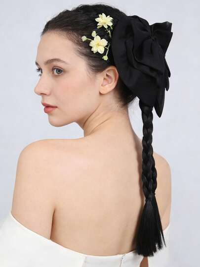 Phụ kiện tóc kẹp 18 inch, kiểu tóc tết đôi bằng sợi tổng hợp màu đen satin, nơ cài tóc, thích hợp cho nữ sử dụng hàng ngày và trong các dịp lễ hội.