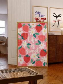 1pc Frameless Red Strawberry & White Floral Pattern Art Print, "Life Is Sweet" Quote, Vintage Cottagecore Whimsical Poster For Kitchen, Bedroom, Dorm Decor, Room Decor, Gift, Back To School - Strawberry - View 3
