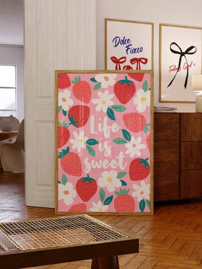 1pc Frameless Red Strawberry & White Floral Pattern Art Print, "Life Is Sweet" Quote, Vintage Cottagecore Whimsical Poster For Kitchen, Bedroom, Dorm Decor, Room Decor, Gift, Back To School