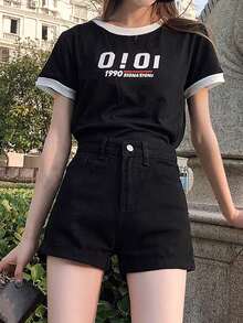 Celana Pendek Denim Pinggang Tinggi untuk Wanita, Celana Pendek Bermuda A-Line Longgar dengan Rumbai untuk Musim Panas, Warna Hitam Kasual - Hitam - View 2