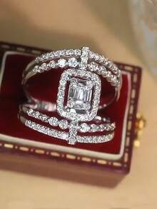 1 Pair Fashionable Luxurious Exquisite Inlaid Sparkling Cubic Zirconia Design Elegant Adjustable Copper Ring, Suitable For Wedding, Banquet, Party And Gathering - Silver - View 8