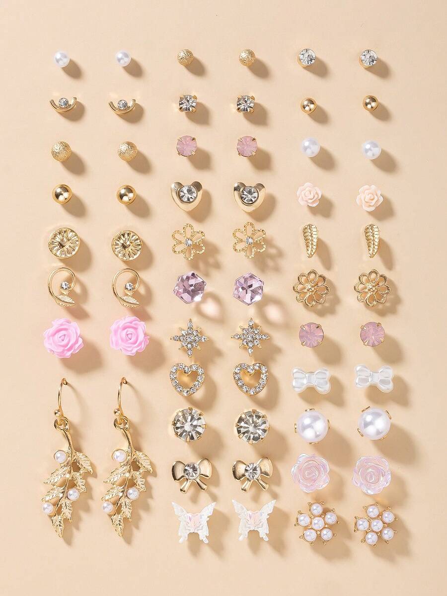 30 Pairs/Set Delicate Metal Tree, Shell, Pearl, Heart Shaped Earrings Gift Set For Women - Multicolor - View 1