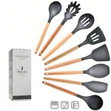 8/9/11件套木柄硅胶厨房用具套装，9件套深灰色木质硅胶厨房工具铲勺套装，欧式不粘锅烘焙工具套装 - 黑色 - 查看 9