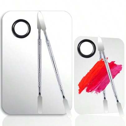 2 Set Makeup Mixing PaletteStainless Steel Makeup Palette With Spatula Professional Make Up Artist Must Haves Suitable For Mixing Foundation Make Up Eye Shadow And Nail