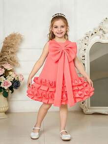Young Girls' Round Neck 3D Bow Ruffle Layered Elegant Party Dress, Suitable For Banquet, Birthday Party, Excludes Headband - Watermelon Pink - View 5