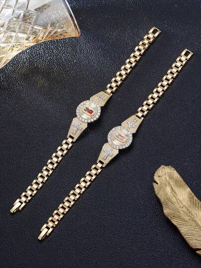 1件高品质14K镀金圣母玛利亚十字架钻石圆盘表带手链，男女皆宜，适合日常佩戴、派对、毕业礼物、周年纪念、祈祷等场合。