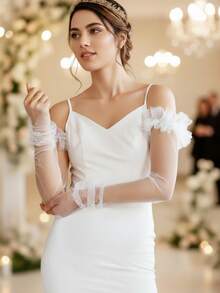 1 双纯色薄纱过肘新娘袖套，女士薄纱袖套，宴会礼服露指手套 - 米色 - 查看 3