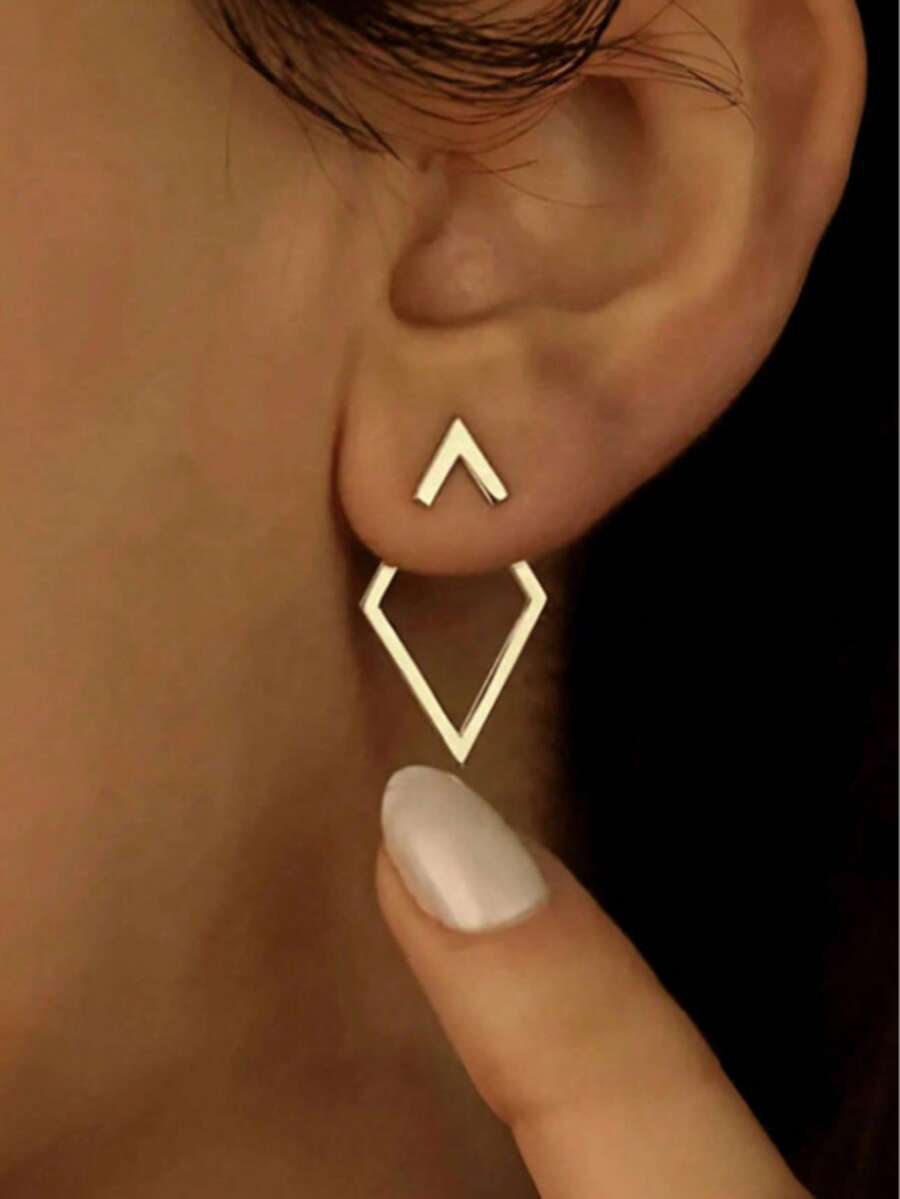 1对极简几何镂空菱形双面耳环，两种佩戴方式，独特菱形耳环，女士款 - 金色 - 查看 1