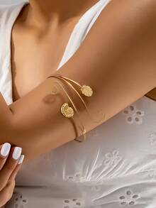 1 pieza Brazalete de metal geométrico de hoja de mariposa con incrustaciones de pedrería ajustable, estilo minimalista y llamativo en la moda transfronteriza, adecuado para vestimenta elegante de verano con recomendación de blogueras, regalo ideal para novias - Dorado - Ver 14