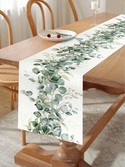1Pc Eucalyptus Leaves Table Runner,Boho Spring Summer Floral Table Cover,Tablecloth,For Indoor And Outdoor Family Party Decor,Wedding Accessories,Birthday Decorations,Babyshower Decorations,Kitchen Decor,Tabletop Decor,Spring Summer Party Decorations