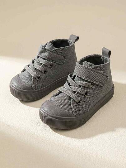 1 Pair Toddler Mid-Top Canvas Shoes, Gray Round Toe Lace-Up & Hook And Loop Closure Flat Casual Sneakers, Suitable For School, Outdoor Play, Street Style
