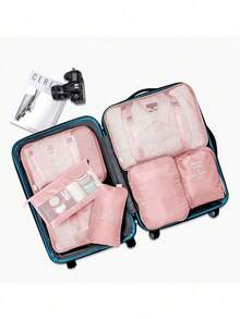 7pcs/Set Travel Packing Cubes, Large Capacity Zipper Organizer Bags, Hand-Held Travel Tote, Storage Bags, Mesh Bags, Cosmetic Pouch, Shoe Bag, Bottle Cover, Drawstring Bags, Regular Pouches, Luggage Bag, Underwear Organizer, Hospital Bag, Shirt, Underwear, Clothes, Cosmetics, Toiletries, Toothbrush And Toothpaste Waterproof Toiletry Kit,Boho Vibes Back To School Supplies - 粉色 - 查看 3