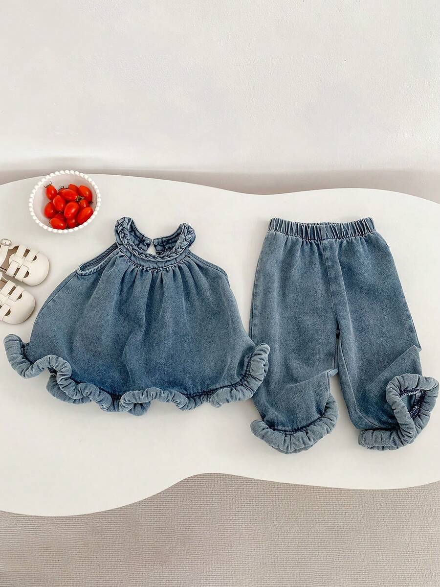 夏季新款女童套装，女婴牛仔编织吊带上衣+裤子，时尚休闲牛仔两件套