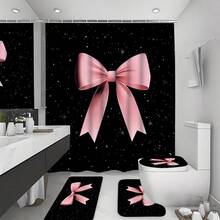 1/4pcs Pink Ribbon Bow Pattern Bathroom Set, Including Shower Curtain, Bath Mat, Toilet Lid Cover, And U-Shaped Mat - A - View 21