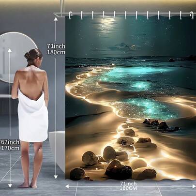 1/4 件套夜景浴室装饰套装，包含防水浴帘、防滑垫、马桶盖、浴垫和 12 个塑料挂钩，浴室配件，家居装饰