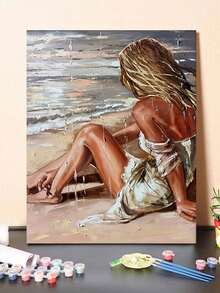 海滩女子坐姿 DIY 数字油画 画布油画工艺品 成人家居装饰 40x50厘米/16x20英寸 节日 情人节 复活节 感恩节 礼物 - 40*50厘米 - 查看 7