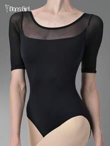 DonsGirl Maillot de ballet para mujer - Empalme de malla elástica de 3/4 de manga, Maillot de danza moderno/clásico, Ropa de actuación profesional Negro Primavera - Negro - Ver 4